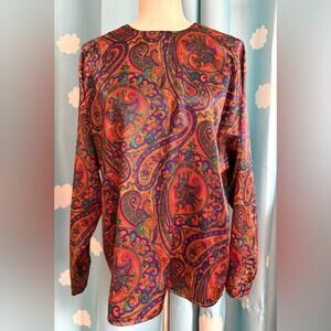 Vintage silky paisley long sleeve top with fabric covered neck buttons. 12